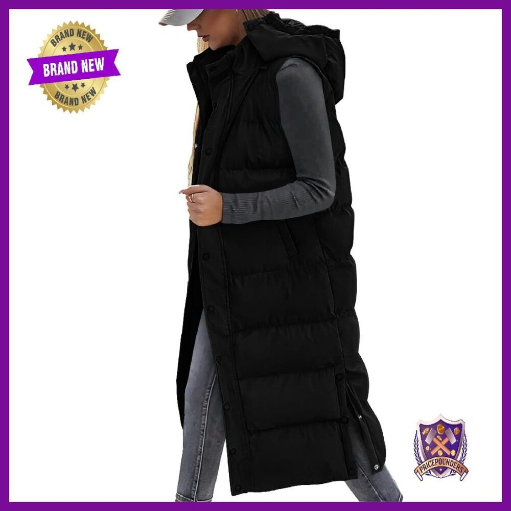 Women's Long Puffer Vest Hooded Quilted Button Zip Sleeveless Winter Coat